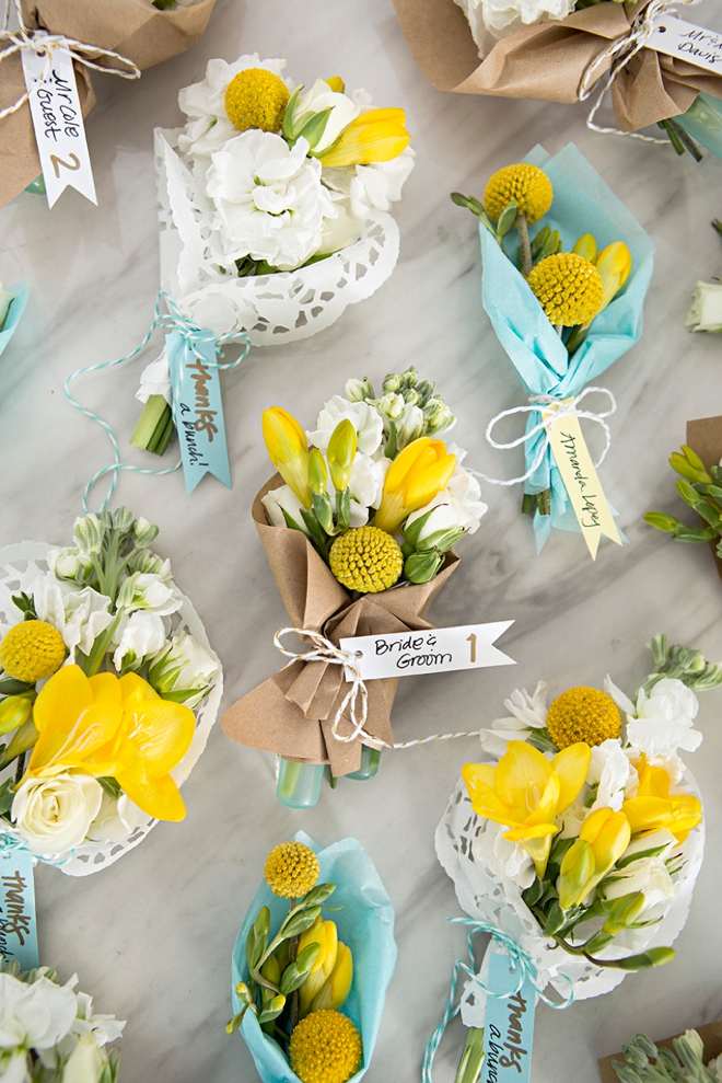 Make your own mini bouquets as seating cards or favors!