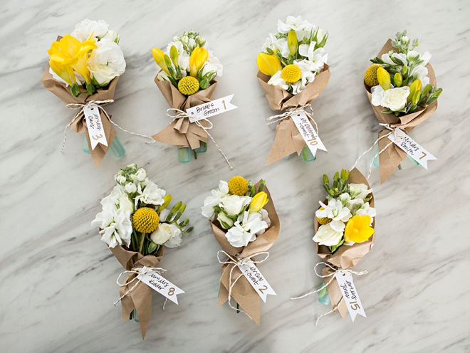 Make your own mini bouquets as seating cards or favors!