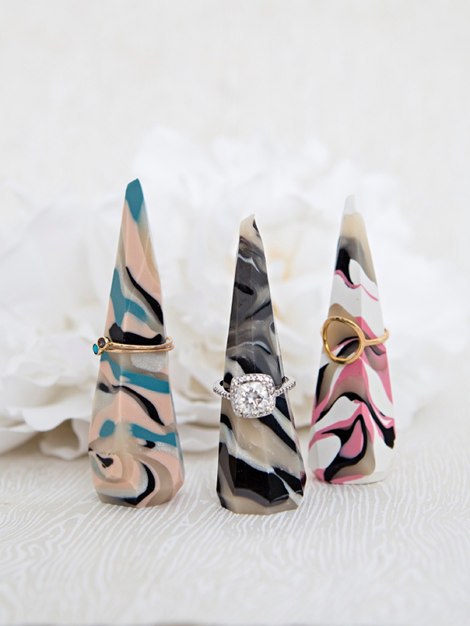 Learn how to make your own marbled ring stands out of clay!
