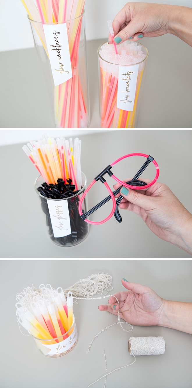 Check out this DIY wedding glow stick bar, so cute!