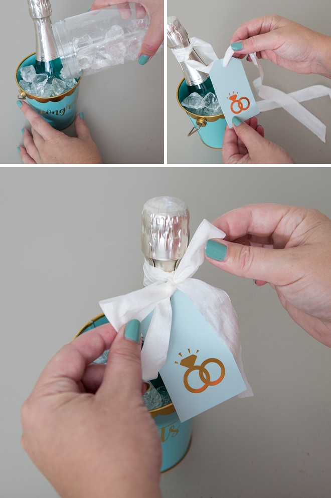 These DIY Mini-Champagne bucket engagement gifts are the cutest!