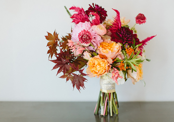 Add some changing leaves to a fall wedding bouquet.