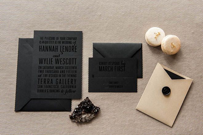 Black on black invites are cool and chic.