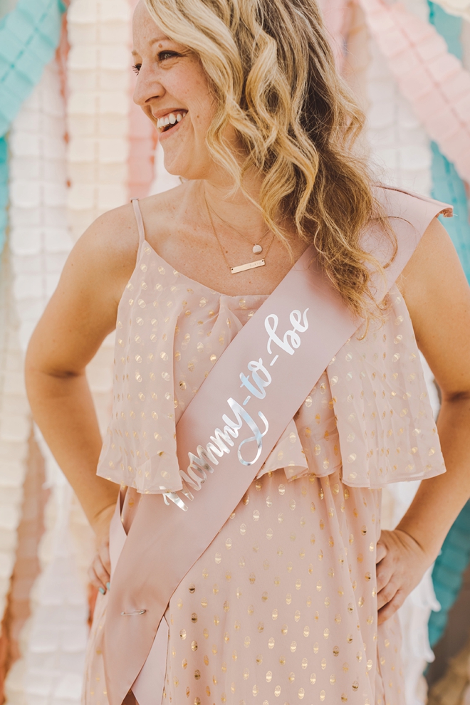 DIY Mommy to Be sash on Jen Causey from Something Turquoise