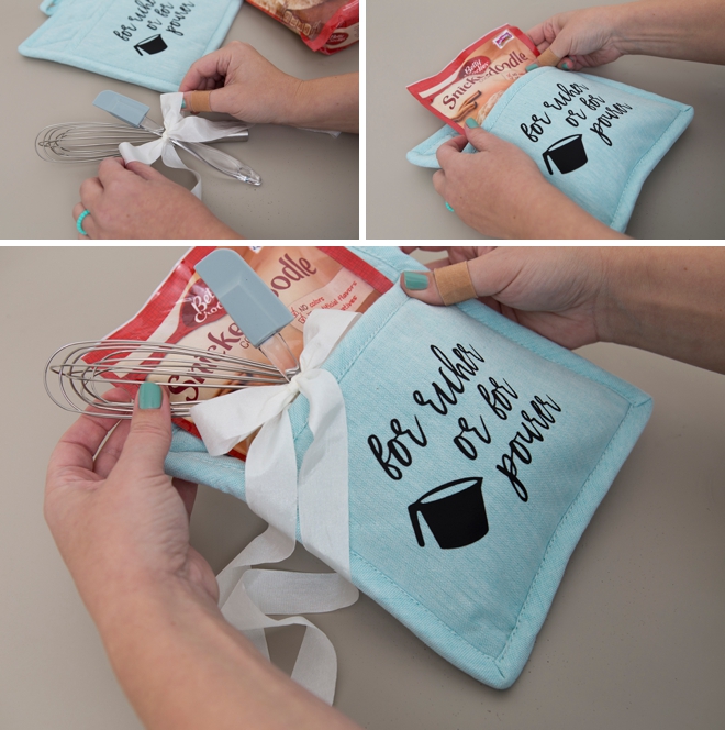 These DIY Cake Mix Pot Holder Gifts are adorable, perfect for a bridal shower!