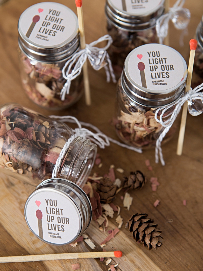 These DIY fire starter favor jars are the absolute cutest!