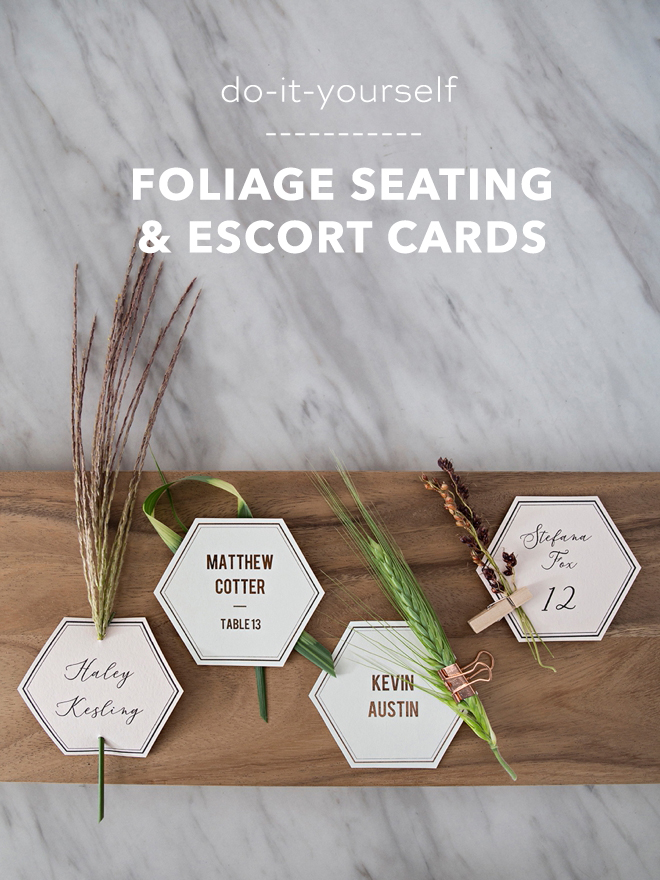 Gorgeous DIY seating and escort cards with leaves and grass!