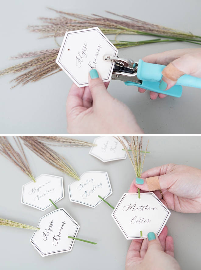 Gorgeous DIY seating and escort cards with leaves and grass!