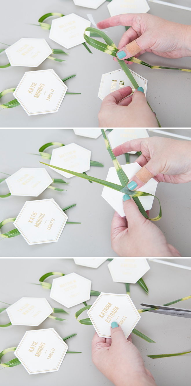 Gorgeous DIY seating and escort cards with leaves and grass!
