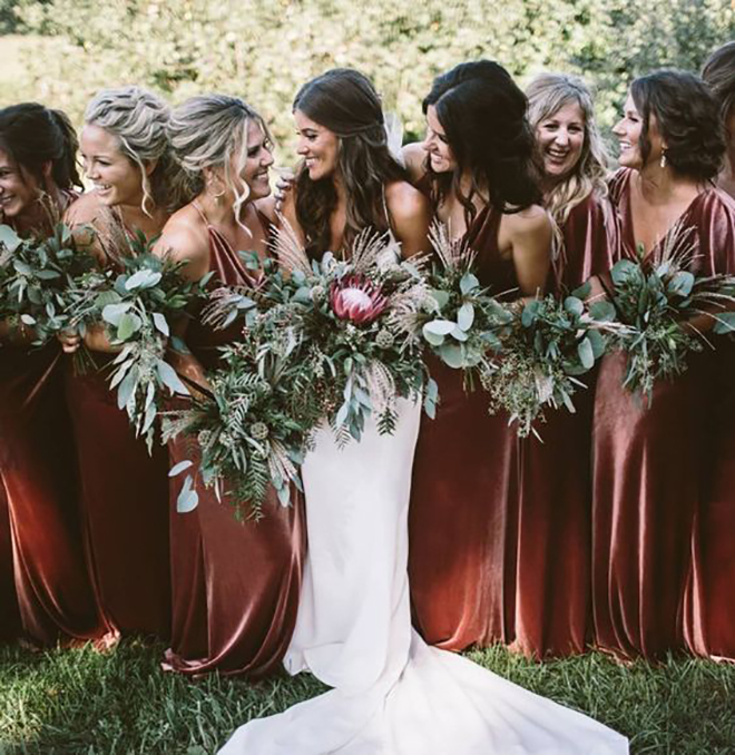 Velvet clad bridesmaids - must have winter wedding photo.