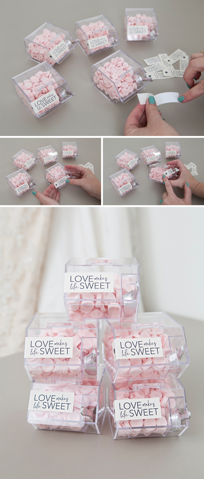 Make your own mini candy bin favors with our printable labels in 8 colors!