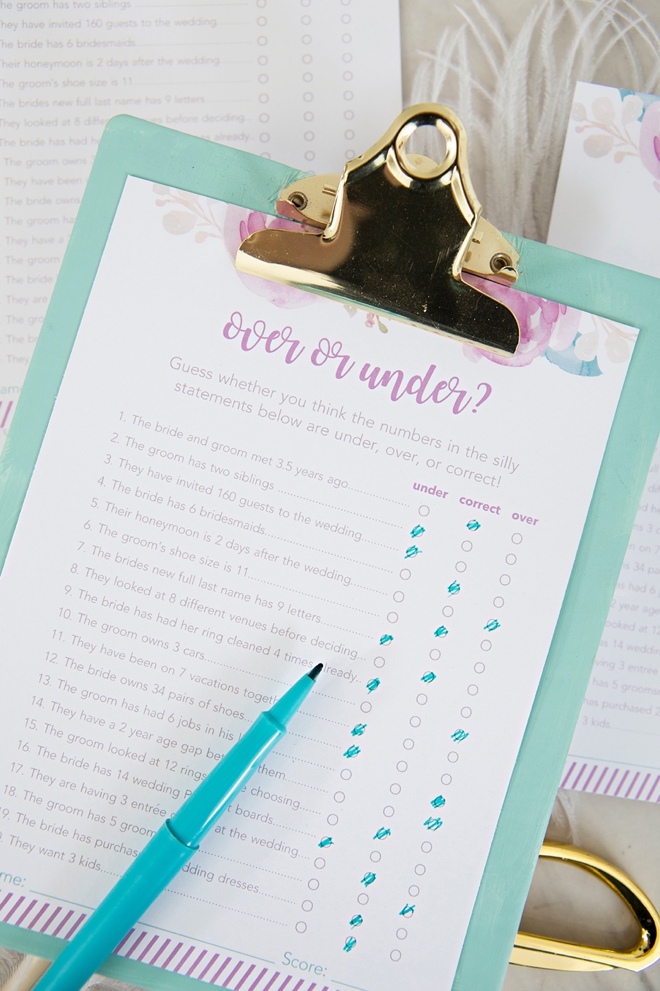 Adorable free printable Over or Under bridal shower game!