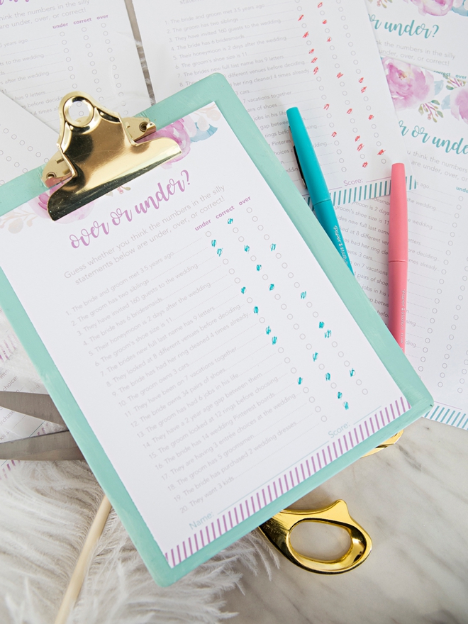 Adorable free printable Over or Under bridal shower game!