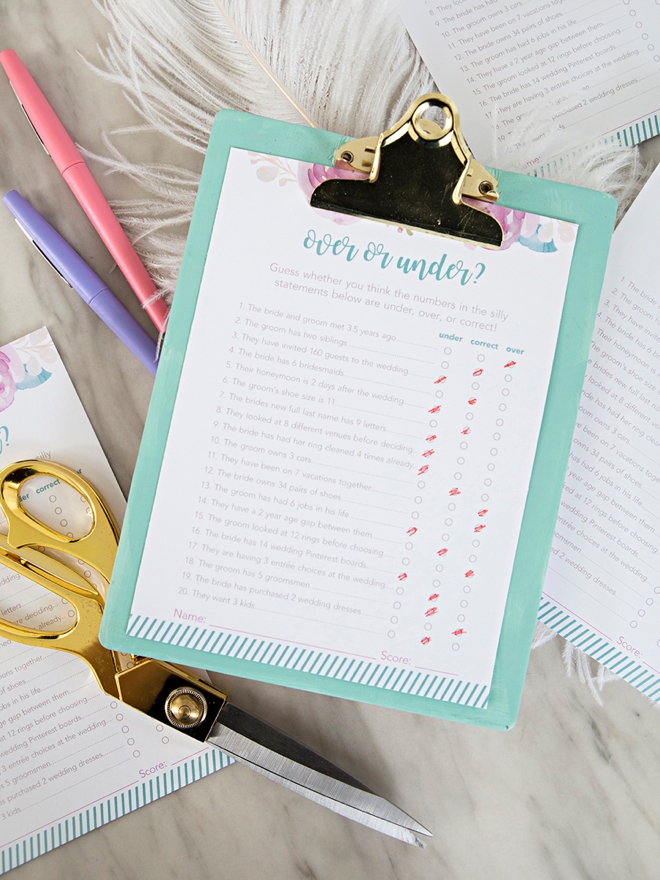 Adorable free printable Over or Under bridal shower game!