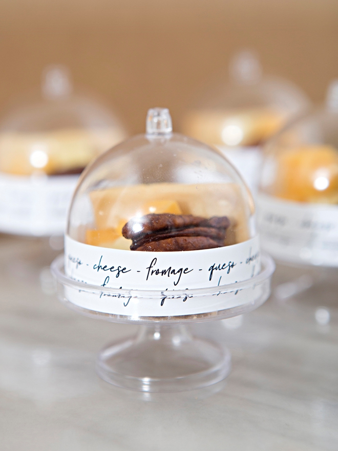Make your own mini cheese board wedding favors, in mini cake stands!