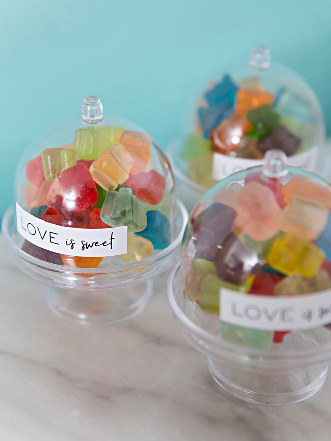 Make your own mini cake stand favors full of mini gummy bears!