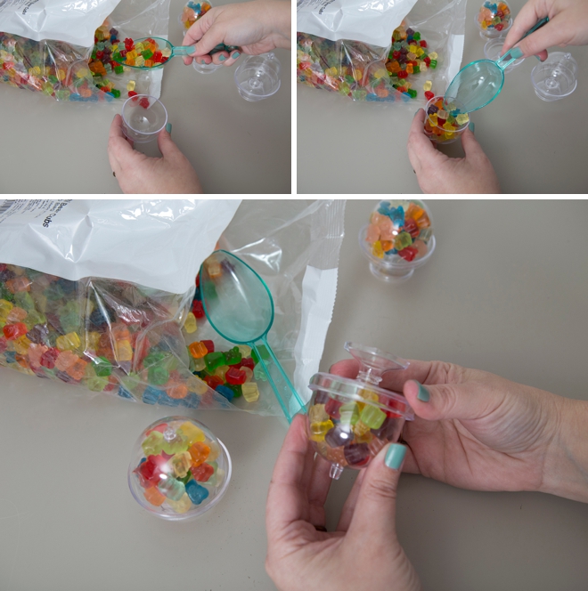 Make your own mini cake stand favors full of mini gummy bears!