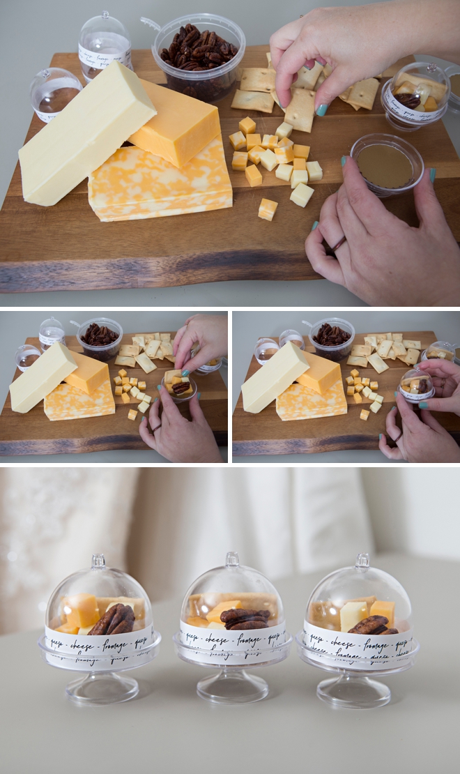 Make your own mini cheese board wedding favors, in mini cake stands!