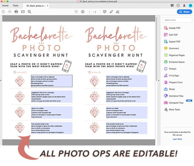 FREE printable and editable Bachelorette Photo Scavenger Hunt game!