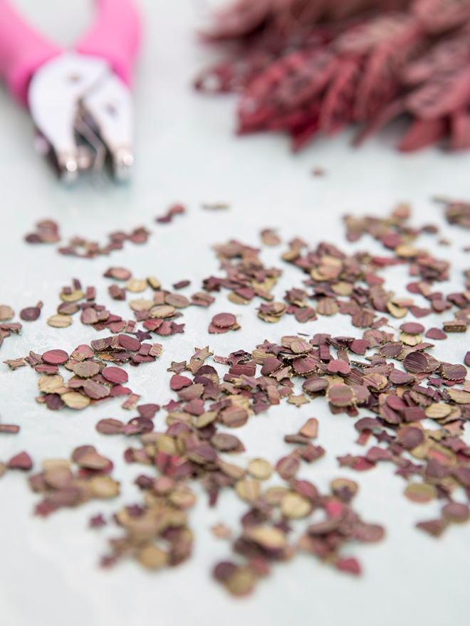 DIY leaf confetti using a hole punch and Leucadendron leaves!