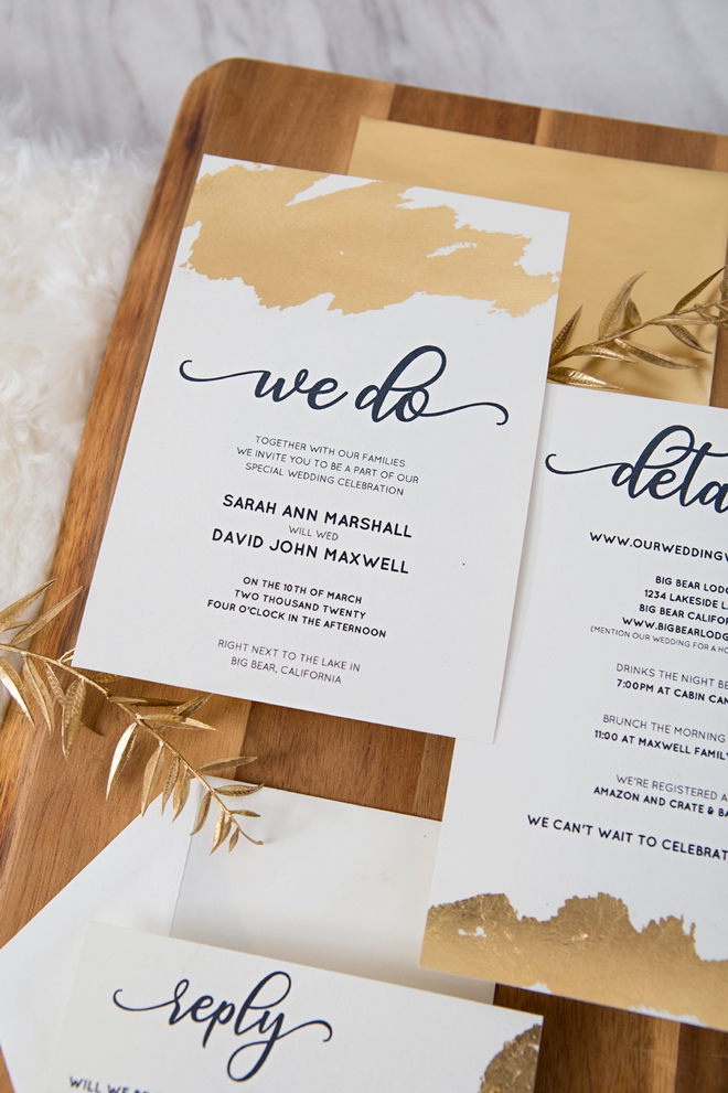 Learn how to add gold foil to these free wedding invitations!