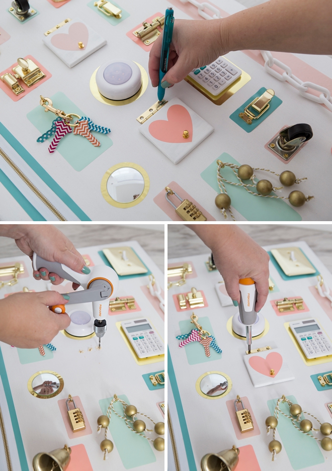 How to create your own colorful toddler busy board, without using power tools!