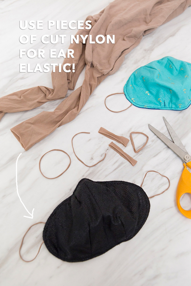 Cut pieces of your old nylons to use for ear elastics!