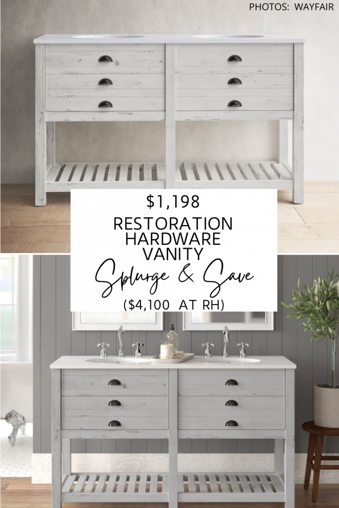  This Restoration Hardware Printmaker's Double Washstand Vanity dupe will get you the Restoration Hardware look for less. It comes in a white vanity or brown vanity and is bathroom remodel goals. #style #ideas #lookforless #copycat #dupes #interior #decor