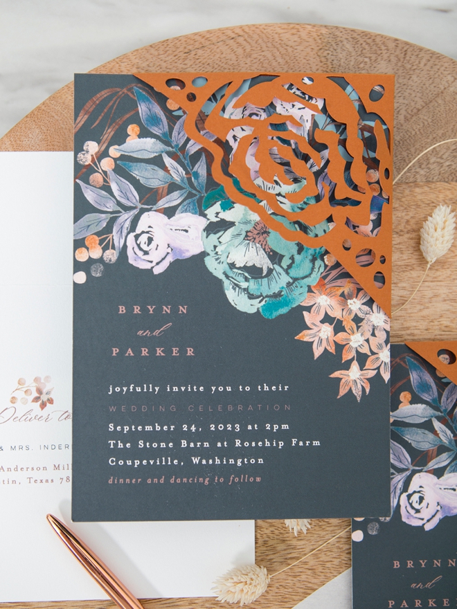 Gorgeous custom corner wrap on a Minted wedding invitation!