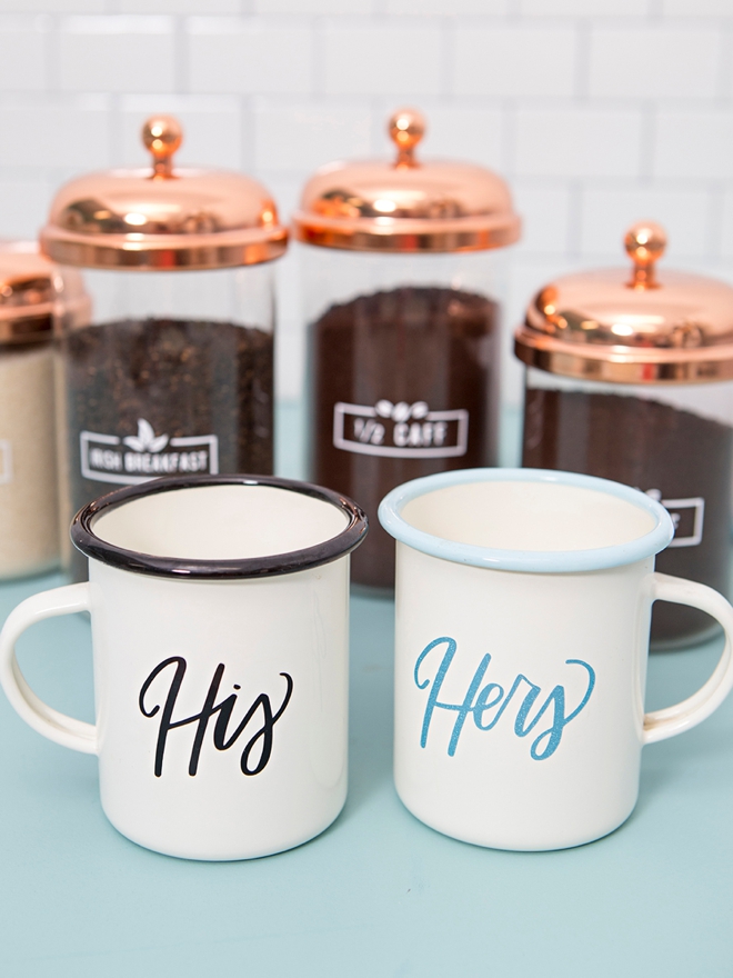 Custom his and hers coffee cups made with the Cricut Joy