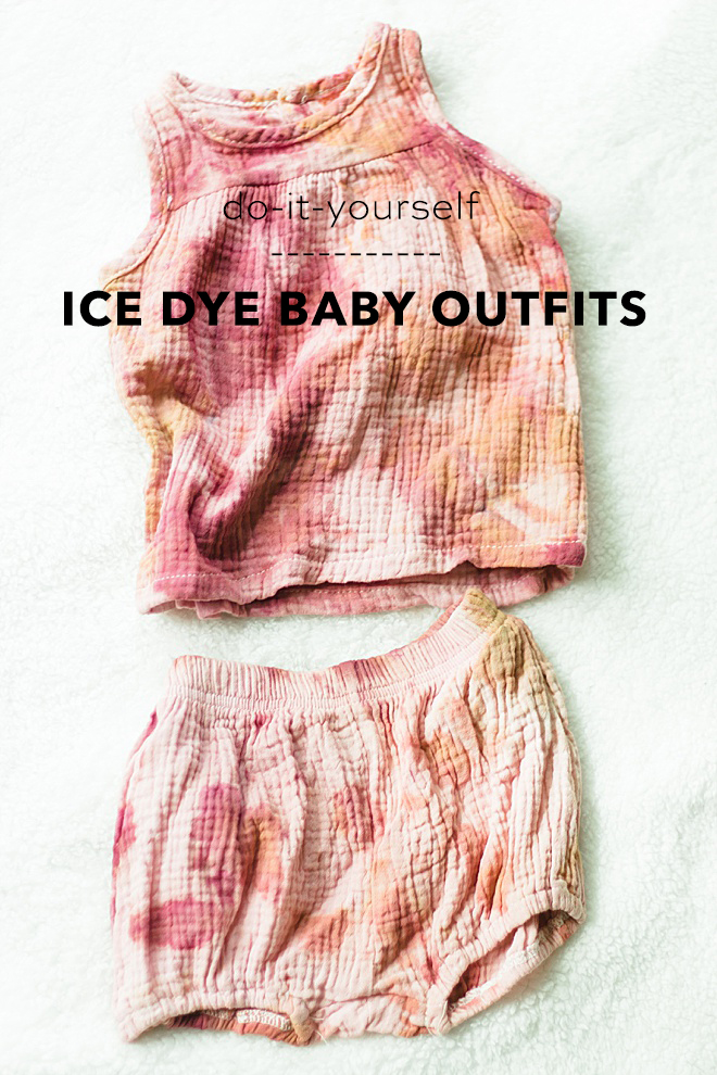 Try this super fun summer tie-dye tutorial with Rit Dye and some adorable baby clothes! Add ice over your scrunched baby clothes and sprinkle on powder dye!