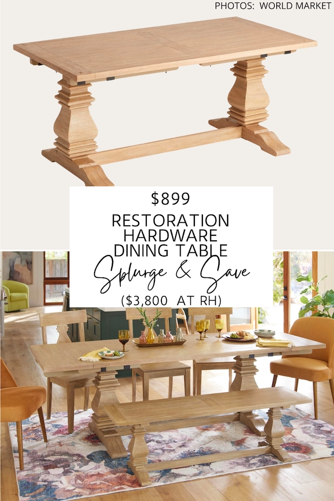 I found so many Restoration Hardware Salvaged Wood Trestle Rectangular Extension Dining Table dupes! If you love Restoration Hardware furniture, you're going to love these affordable dining tables. They would look great in a traditional, transitional, farmhouse, or modern traditional dining room. #inspo #style #inspiration #home #decor #furniture #lookforless #dupes