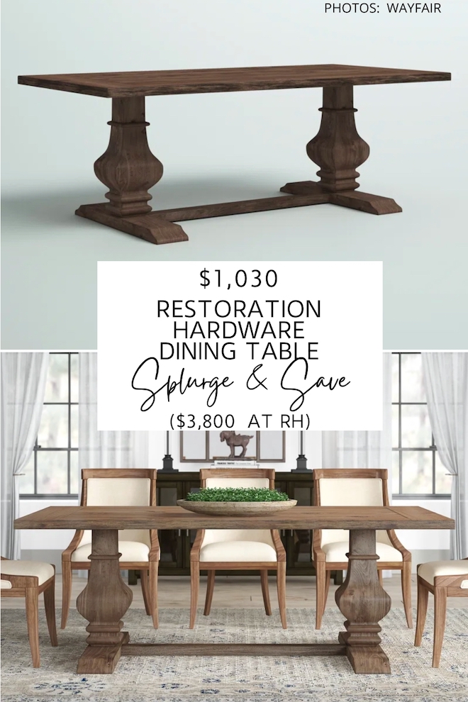   I found so many Restoration Hardware Salvaged Wood Trestle Rectangular Extension Dining Table dupes! These farmhouse style dining tables will get you the Restoration Hardware look for less and would look so good in a modern traditional, farmhouse, or transitional dining room. #inspo #decor #furniture #lookforelss #copycat #diningroom