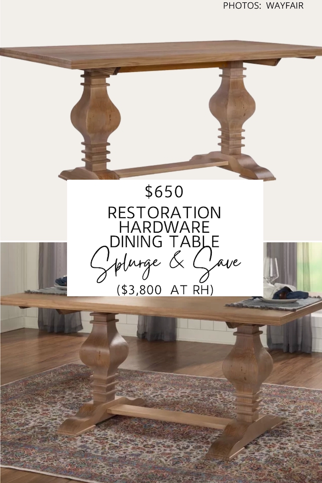   I found so many Restoration Hardware Salvaged Wood Trestle Rectangular Extension Dining Table dupes! They feature trestle legs, distressed finishing, and  many are solid wood and extendable. These tables can help you get the Restoration Hardware look for less! #inspo #decor #design #lookforless #highlow #diningroom