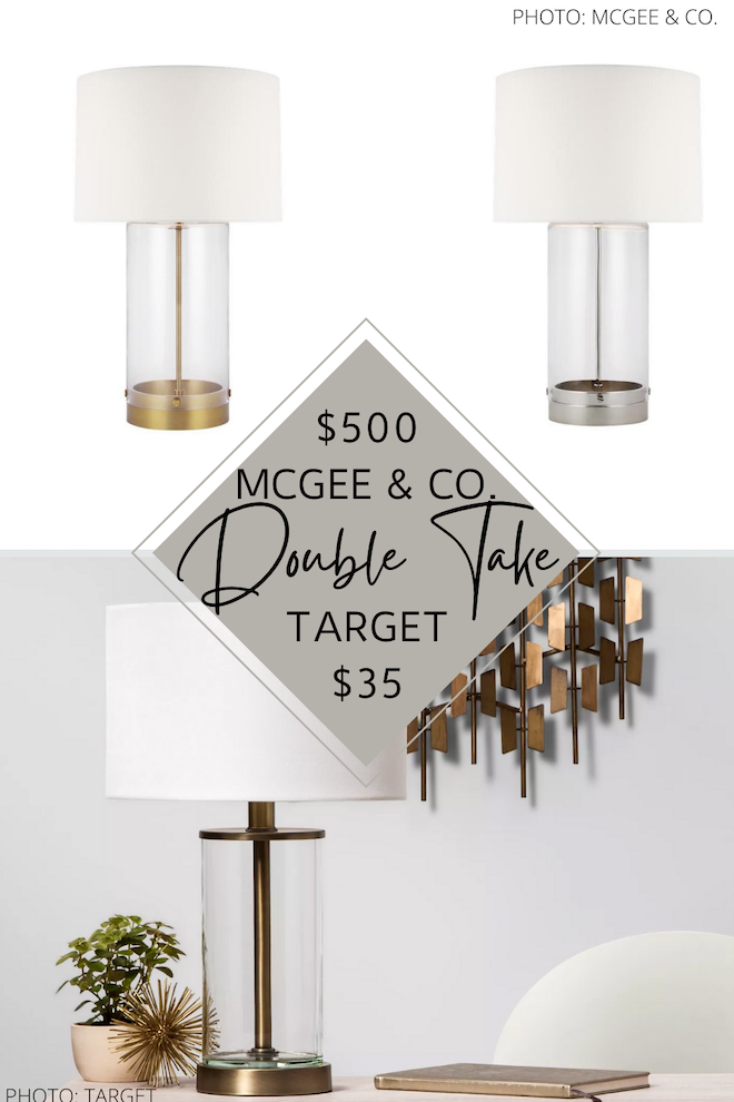 OMG I found the best McGee & Co. Allen Table Lamp dupe. The clear based table lamp with gold (or silver) accents is $500 at Studio McGee, but I found a Target dupe for just $35. If you love looks for less and are decorating on a budget, you need this home decor knockoff in your life. #inspo #decor #design #lighting Oh, and it's also fillable! 