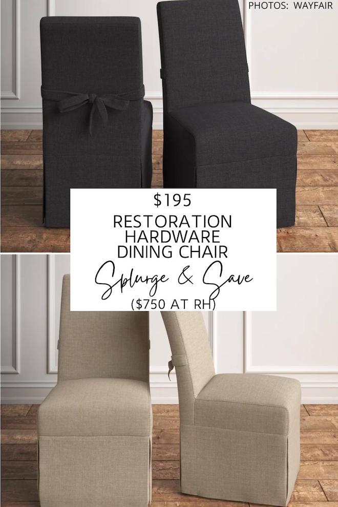 This Restoration Hardware Parsons slipcover dining chair dupe will get you the Restoration Hardware look for less. These neutral accent chairs would look amazing in a modern traditional dining room. #furniture #lookforless #copycat #lookalike #seating #decor
