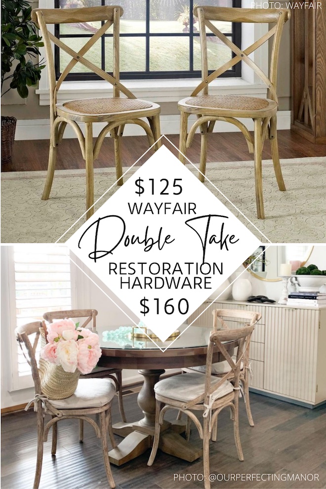 Finally! A Restoration Hardware Madeleine Side Chair copycat. If you've always dreamed of having a Restoration Hardware dining room, now is your chance. This dupe looks just like the real thing but is way more affordable. I'm so in love with the weathered oak and caning. #lookalike #knockoff #chair #chairs #inspo #oak #decor