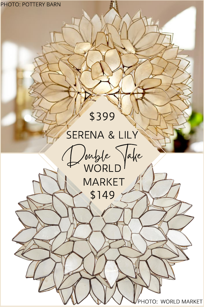 I love flower pendants and this capiz light from Pottery Barn is so beautiful! The best part? I have a home decor dupe for it, which means I found a more affordable chandelier that looks just like it! These would look great as bedroom lighting, or as the lighting over an island in a kitchen. #house #decor #lamp #dupes