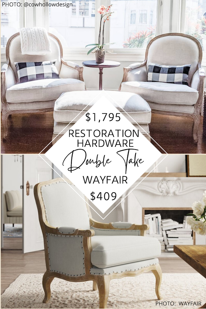 This Restoration Hardware Lyon Side Chair copycat is everything! I’ve you’ve always wanted a Restoration Hardware living room, this is how you can do it on a budget! I’ve always loved french armchairs, but add in the distressed oak and I’m sold! You’ll save SO much money by using this dupe and then you can use the money you save for something else! #inspo #home #seating #accent