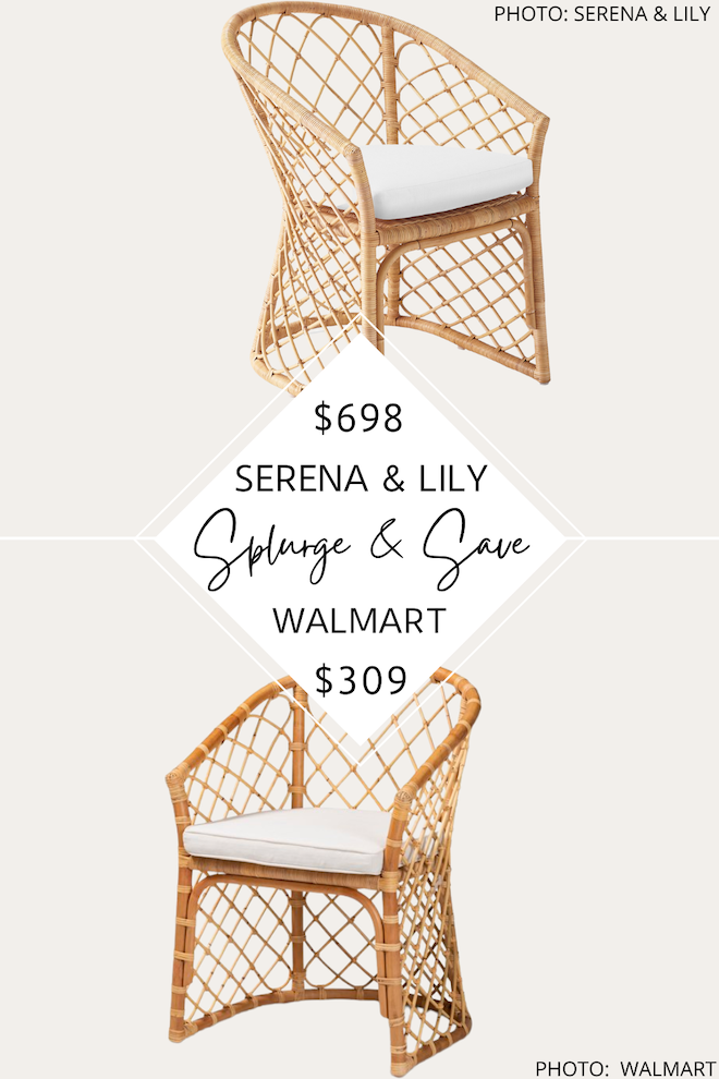 Looking for a Serena and Lily Avalon dining chair dupe? This rattan armchair with a cushion would be great dining table chairs and will get you the Serena and Lily look for less.  #coastal #lookforless #copycat #inspo #style #design #decor