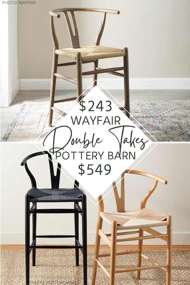 Looking for pottery barn copycats and dupes? I have seven pottery barn faith bar and kitchen counter stool look-alikes that will blow your mind. these chairs are perfect for a kitchen island and come in different heights, colors, sizes, and materials. #inspo #seating #decor #blog #wishbone #y