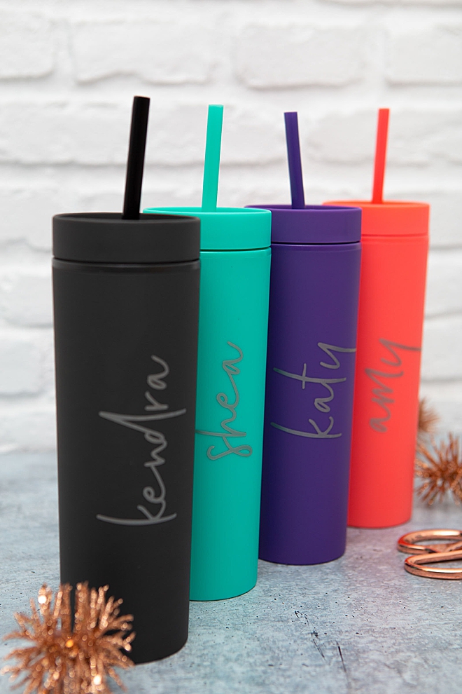 Personalize skinny pastel tumblers for everyone on your holiday list!