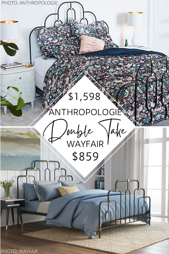 Decorating on a budget? Love Anthropologie furniture? You need to see this Anthropology Deco Bed copycat. This metal and gold bed is a little vintage and a LOT stylish. The best part? I have a dupe that looks like Anthropologie but costs WAY less. #bedding #design #style #inspo