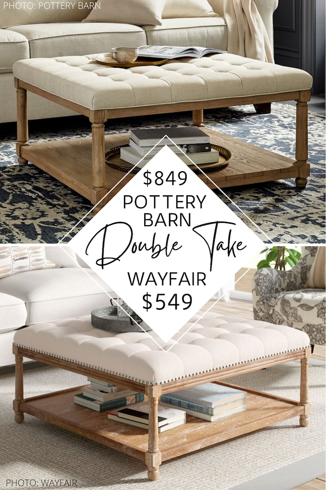 Always dreamed of having a Pottery Barn living room? This Pottery Barn coffee table ottoman dupe is a great look-alike for Pottery Barn! I love Pottery Barn copycats, and this one is gold. If you’re decorating on a budget and love distressed, tufted, and linen decor, you’ve got to see this. #livingroom #goals #design #decor