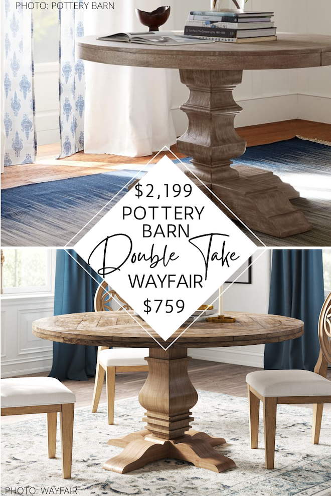 This Pottery Barn Banks round pedestal dining table dupe will give you the Pottery Barn dining room of your dreams! If you’re looking for an affordable dining room table that also happens to be distressed, have a bit of farmhouse style, and is wood, I’ve found it for you! I actually have EIGHT pottery barn copycats for this dining table that will save you huge money. #inspo #design #decor #home 