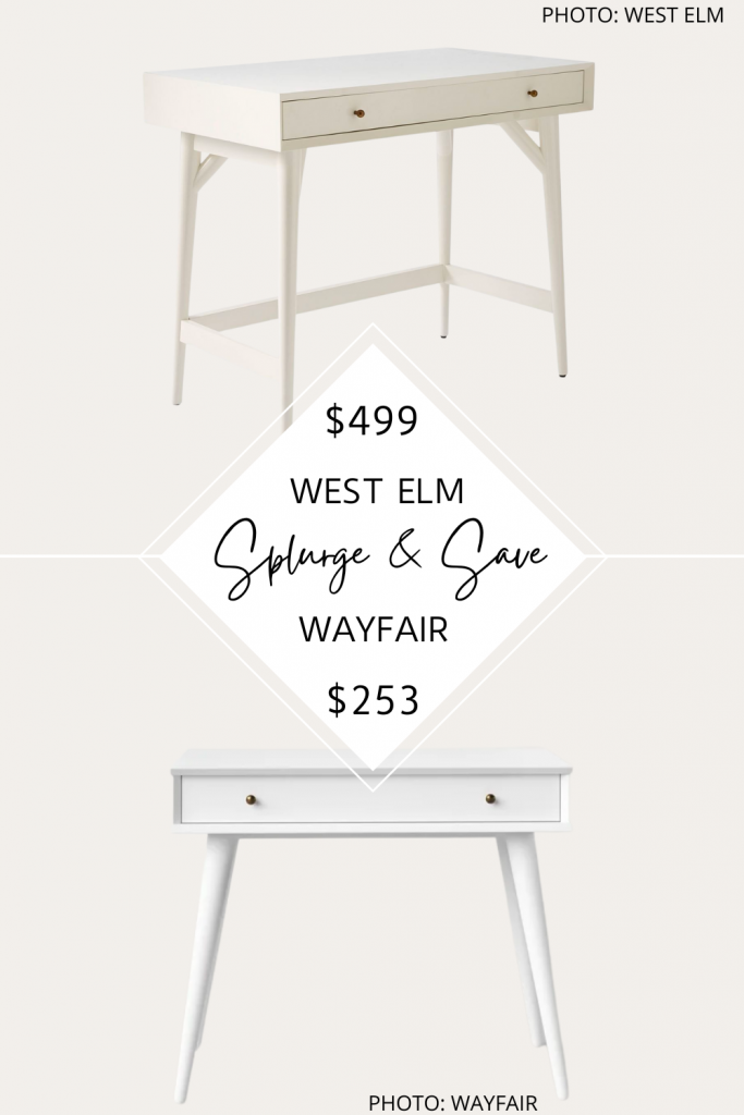 Have you seen my West Elm Mid-Century Mini Desk dupe? I found it in white and brown. If you've always dreamed of having a West Elm bedroom or home office, this copycat is for you! #mcm #westelm #dupes #copycat #lookforless #furniture #midcentury #office