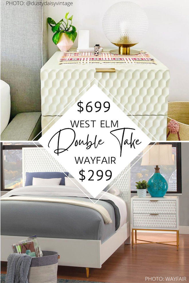 If you've always dreamed of having a West Elm bedroom or home, this West Elm dupe is for you! The Audrey enamel nightstand is now sold out, but my copycat isn't! If you are decorating on a budget or just like saving money, home decor dupes are for you. #inspo #design #lookforless