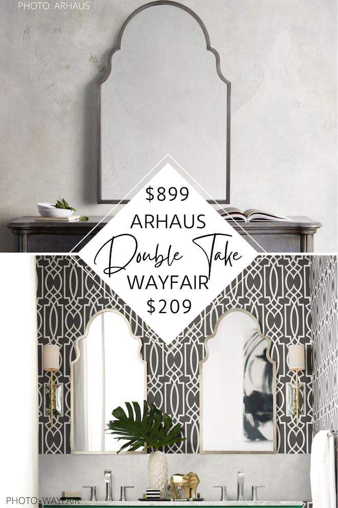 Looking for an Arhaus Mirror dupe? I have Arhaus copycat mirrors that look like Arhaus, but cost WAY less. This arch top mirror has Moroccan mirror vibes and my look-alike will save you $700! If you are decorating on a budget or are doing a home reno, you need my looks for less in your life. #bathroom #inspo #design #lookforless