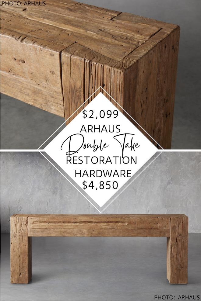 Looking for a Restoration Hardware Reclaimed English Beam Console Table dupe? It DOES exist!  This Arhaus dupe will save you over $3,000 and will help you get the Restoration Hardware look for less. If you love the look of salvaged wood but also like decorating on a budget, this copycat is for you. #knockoff #entryway #side