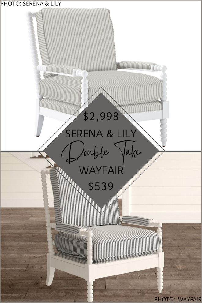 If you’re looking for striped side chairs, you’re going to have to take a look at my Serena and Lily Beckett spindle armchair dupe. Serena and Lily furniture is coastal and transitional, but can be so expensive! My knockoffs and looks for less will help you decorate on a budget! These side chairs are perfect to style in a sest in your living room. #inspo #decor #goals